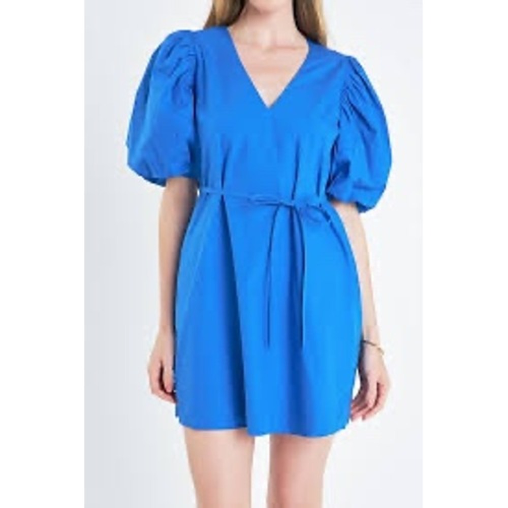 English Factory Puff Sleeve A Line Shift Mini Dress Size Small Blue Party